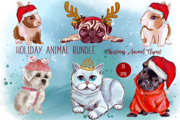 Christmas Animals Clipart for Sublimation and Illustrations