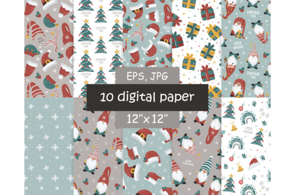 Christmas Gnome Digital Paper Pack for Illustrations