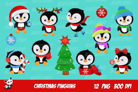 Christmas Penguins Cute Winter Set Illustrations