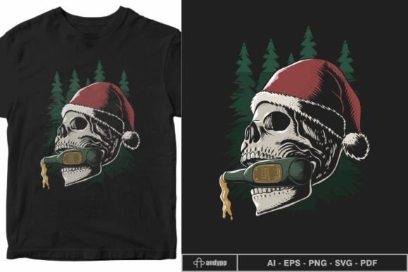 Skull Biting Beer Bottle Illustration for Festive Design