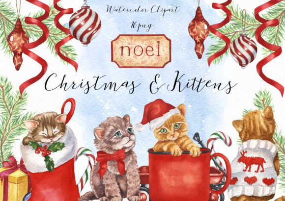 Watercolor Christmas and Kitten Illustrations