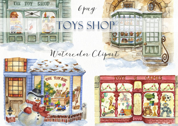 Watercolor Christmas Toys Shop Illustrations
