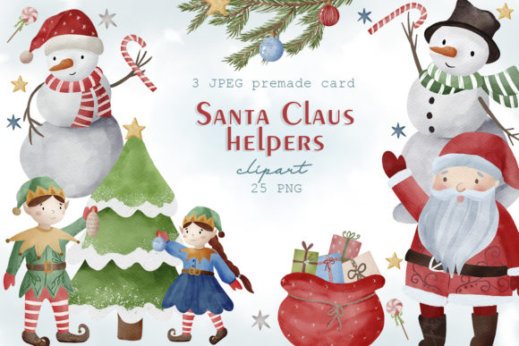 Watercolor Winter Christmas Elf Clipart Illustrations