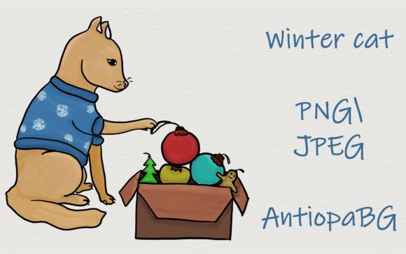Winter Cat and Christmas Toys Illustrations